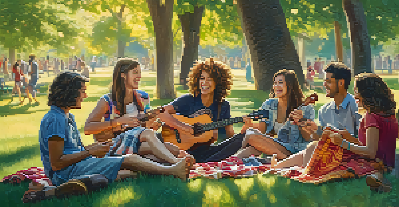 Group of friends playing ukuleles together in a park, surrounded by colorful blankets and trees, with smiles on their faces.