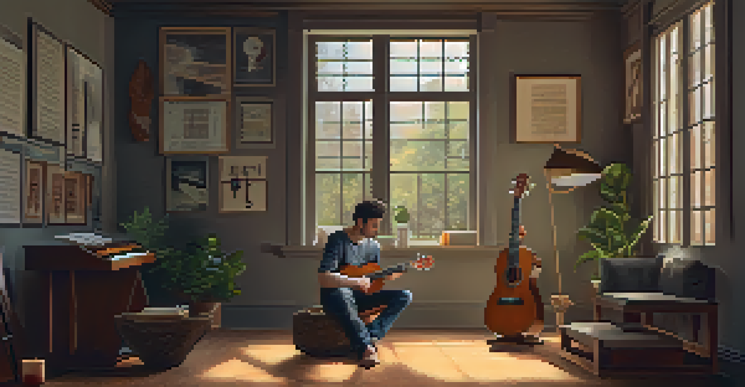 A musician practicing ukulele scales in a cozy, softly lit room with a chalkboard and sheet music.