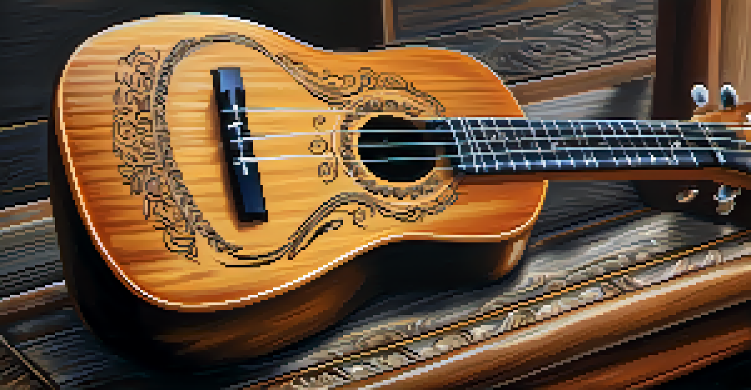 A close-up of a beautifully crafted ukulele on a rustic wooden table, with intricate designs and soft natural lighting highlighting its details.
