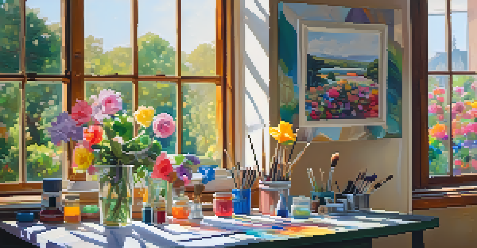 An artist's workspace with an abstract painting on a canvas, surrounded by paint tubes and brushes, and a view of a blooming garden.