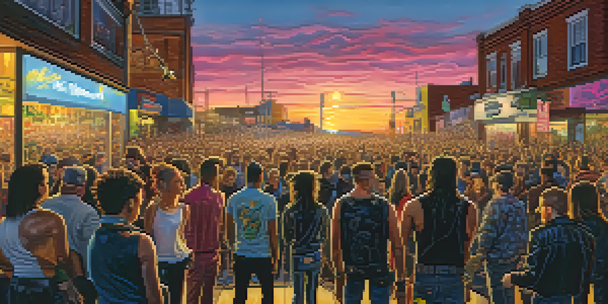 A punk rock band performing on a small stage with a lively crowd, vibrant colors and graffiti in the background.