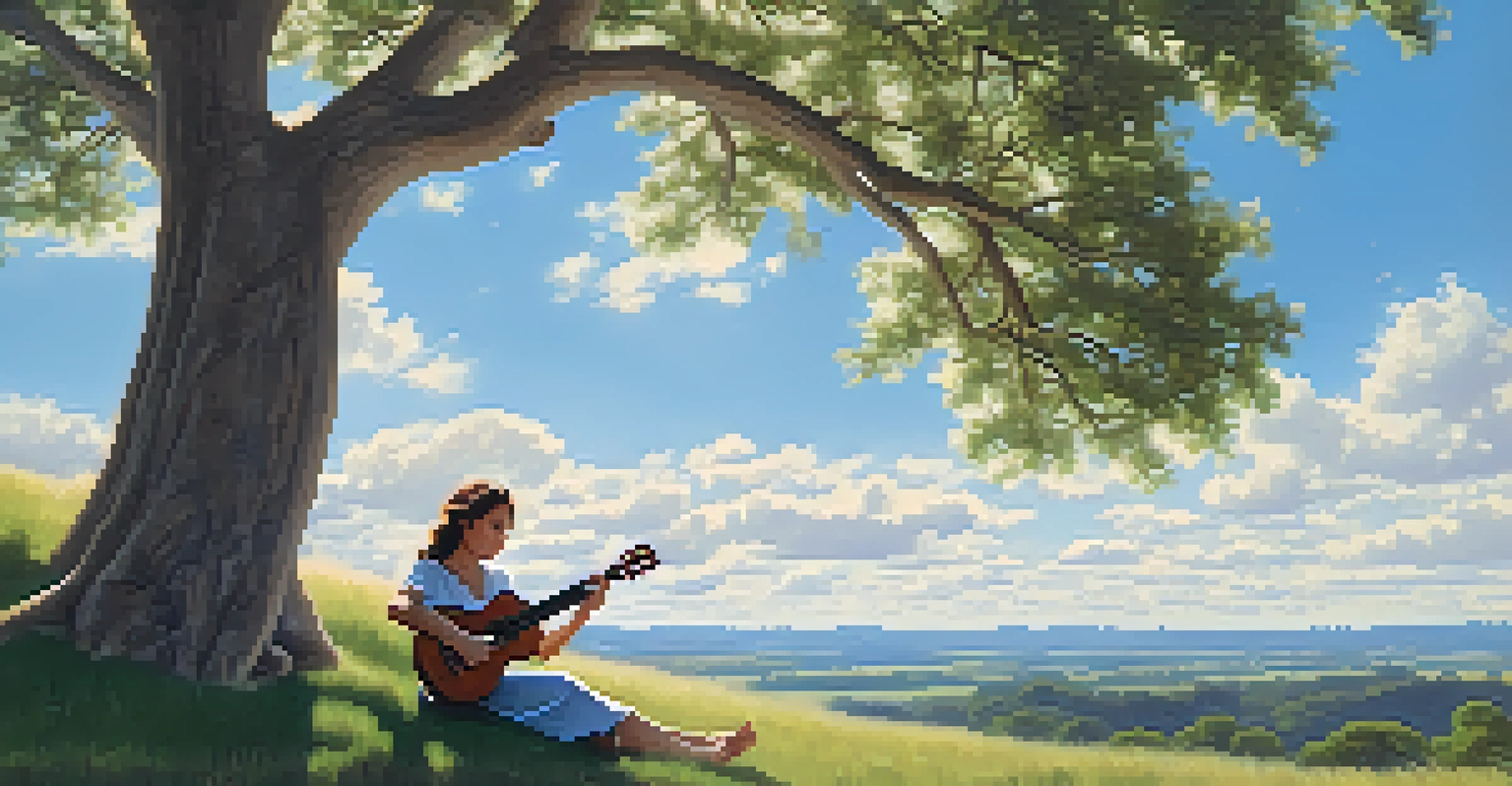 A person playing a soprano ukulele on a grassy hill under a blue sky with clouds.