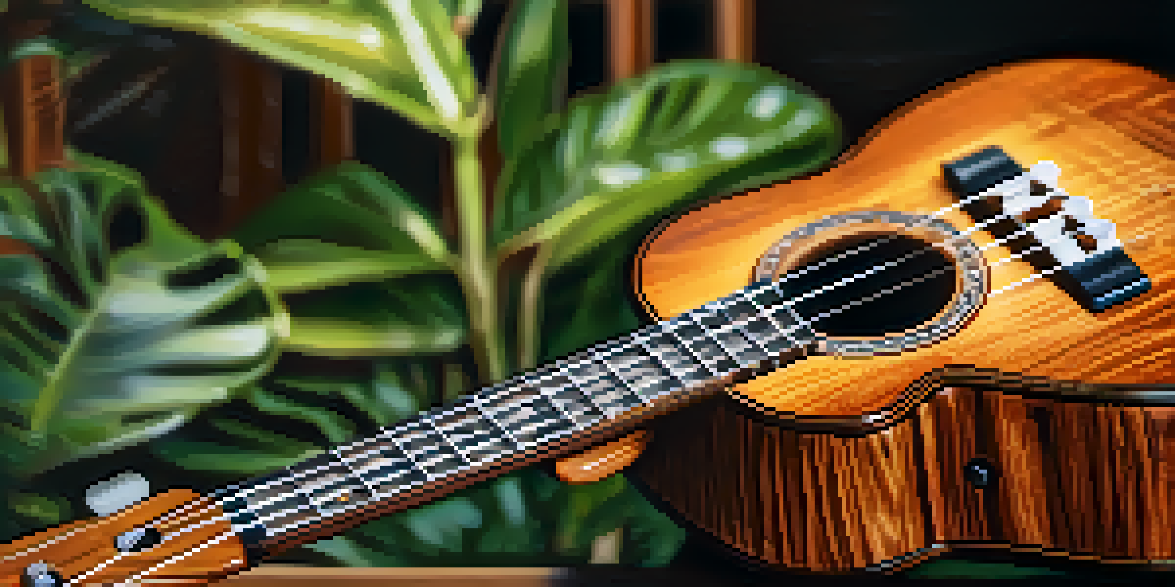A close-up view of a koa wood ukulele on a wooden table, with soft natural light highlighting its grain and polished strings, set against a blurred background of tropical plants.