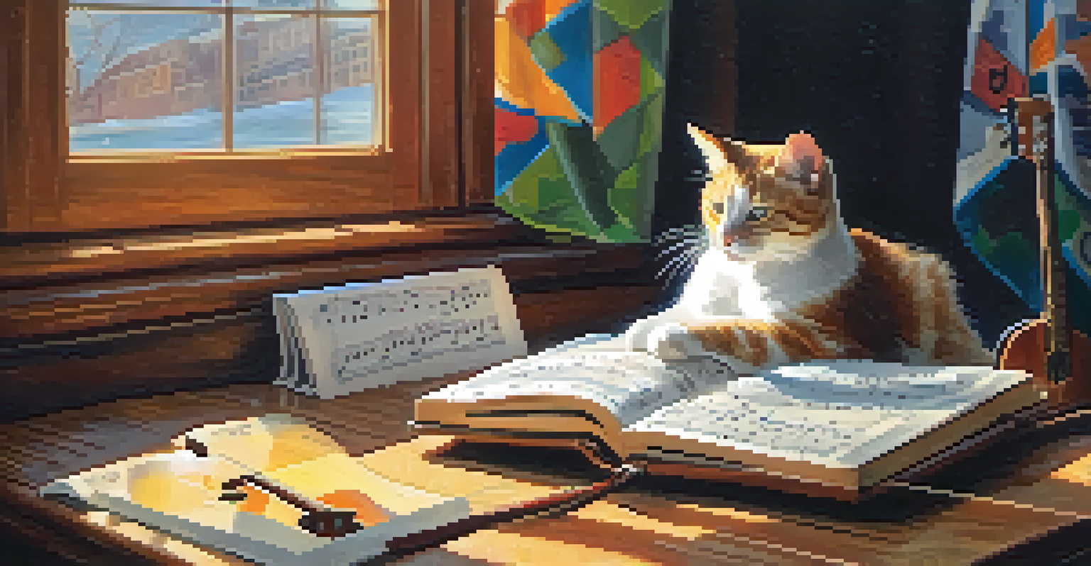 A ukulele on a table with sheet music and a cat playing with it in soft natural light.