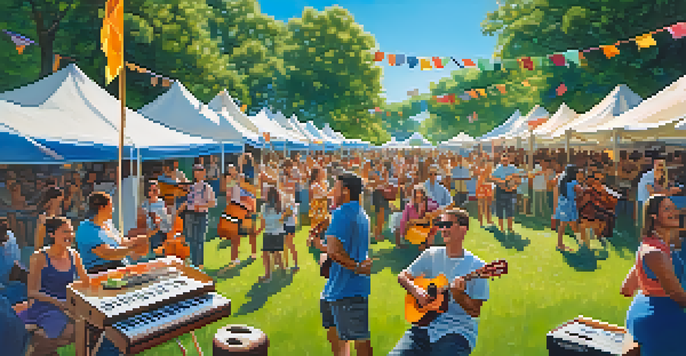 A lively outdoor festival featuring musicians playing ukuleles, with attendees enjoying the performance.