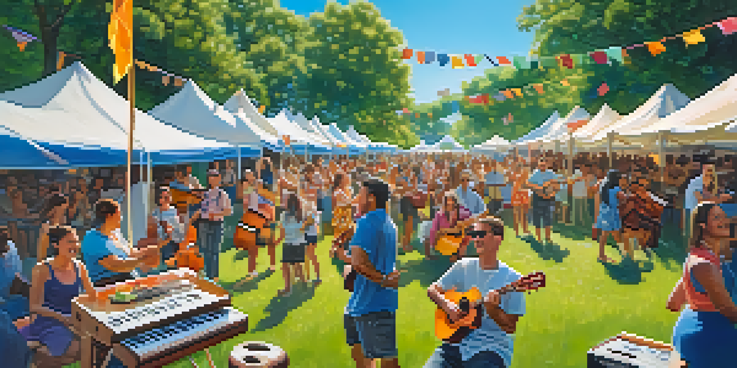A lively outdoor festival featuring musicians playing ukuleles, with attendees enjoying the performance.