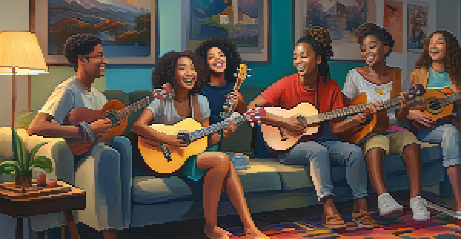 A diverse group of young musicians playing ukuleles together in a cozy living room filled with colorful decorations.
