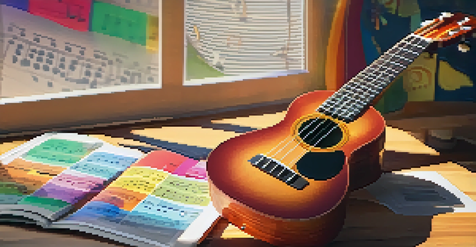 A close-up of a ukulele on a wooden table with colorful sheet music and a smartphone displaying music apps, under warm lighting.