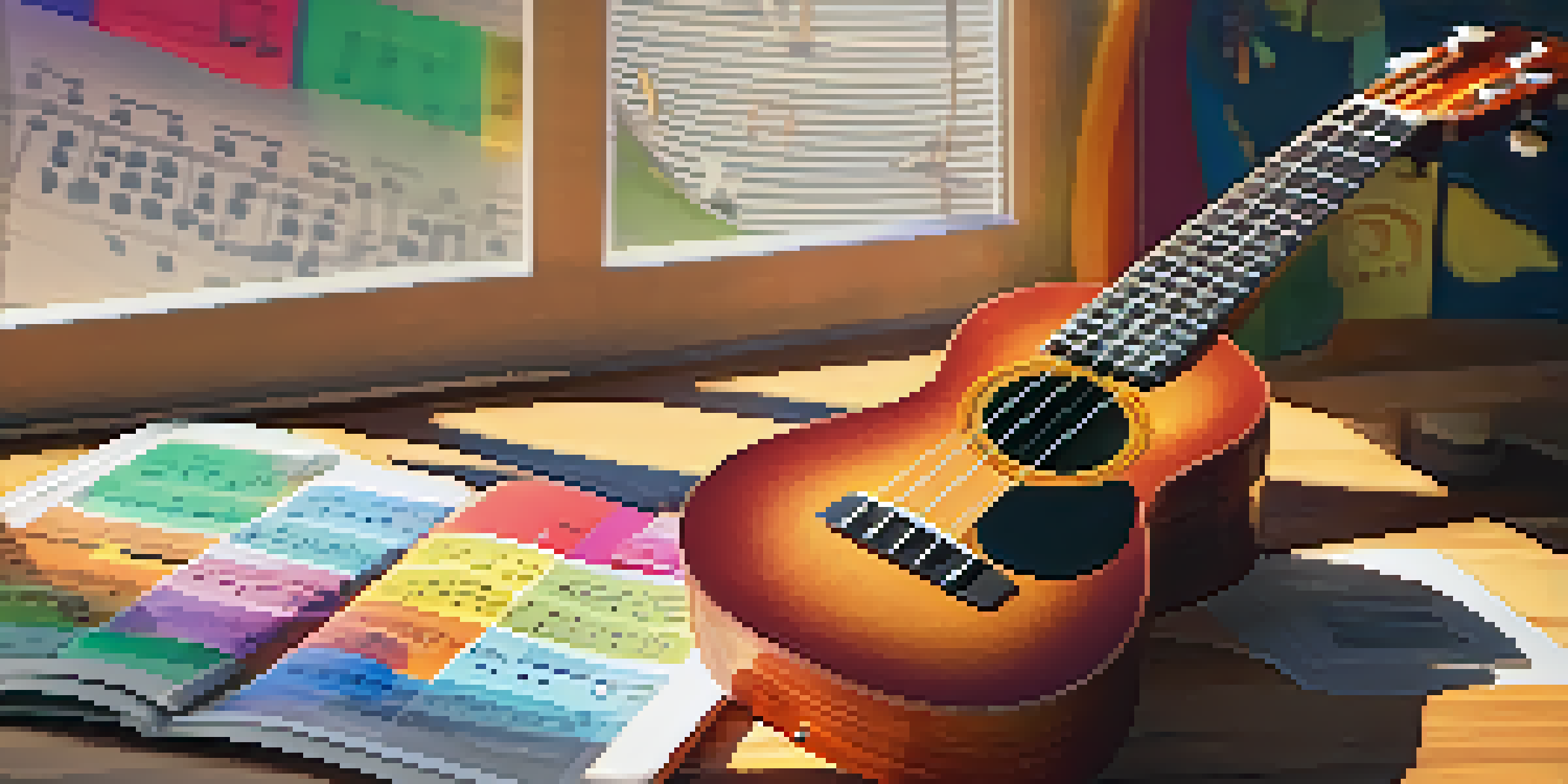 A close-up of a ukulele on a wooden table with colorful sheet music and a smartphone displaying music apps, under warm lighting.