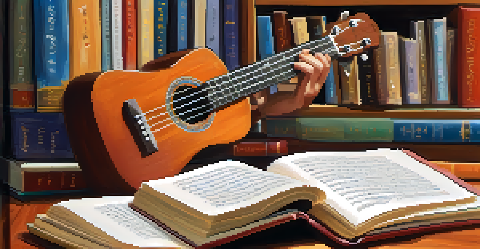 Close-up of hands strumming a ukulele with open books of poems in a cozy reading nook filled with cushions and soft lighting.