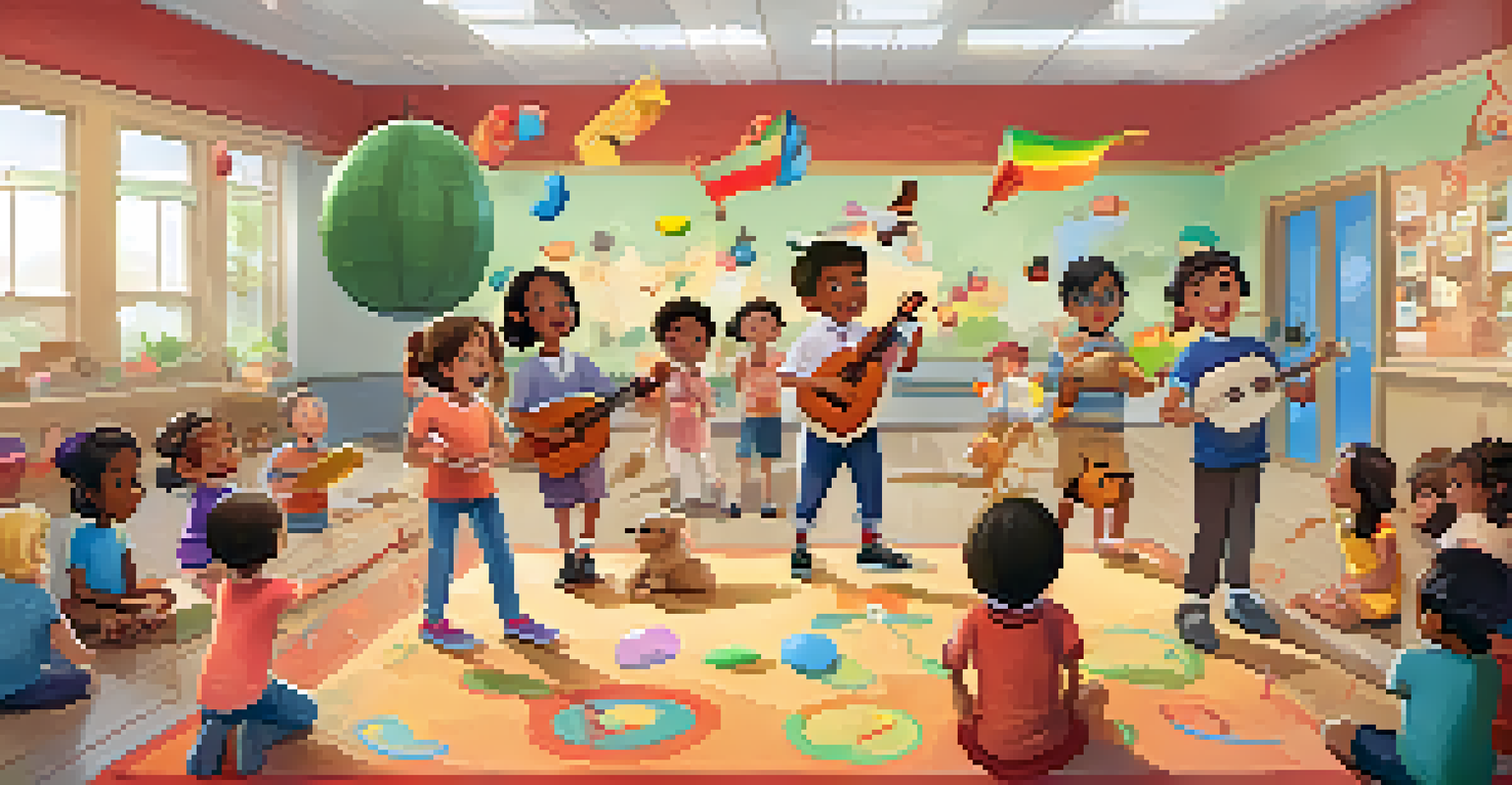 Children in a classroom acting out an animal-themed song while playing ukuleles, with musical notes and props creating a fun environment.