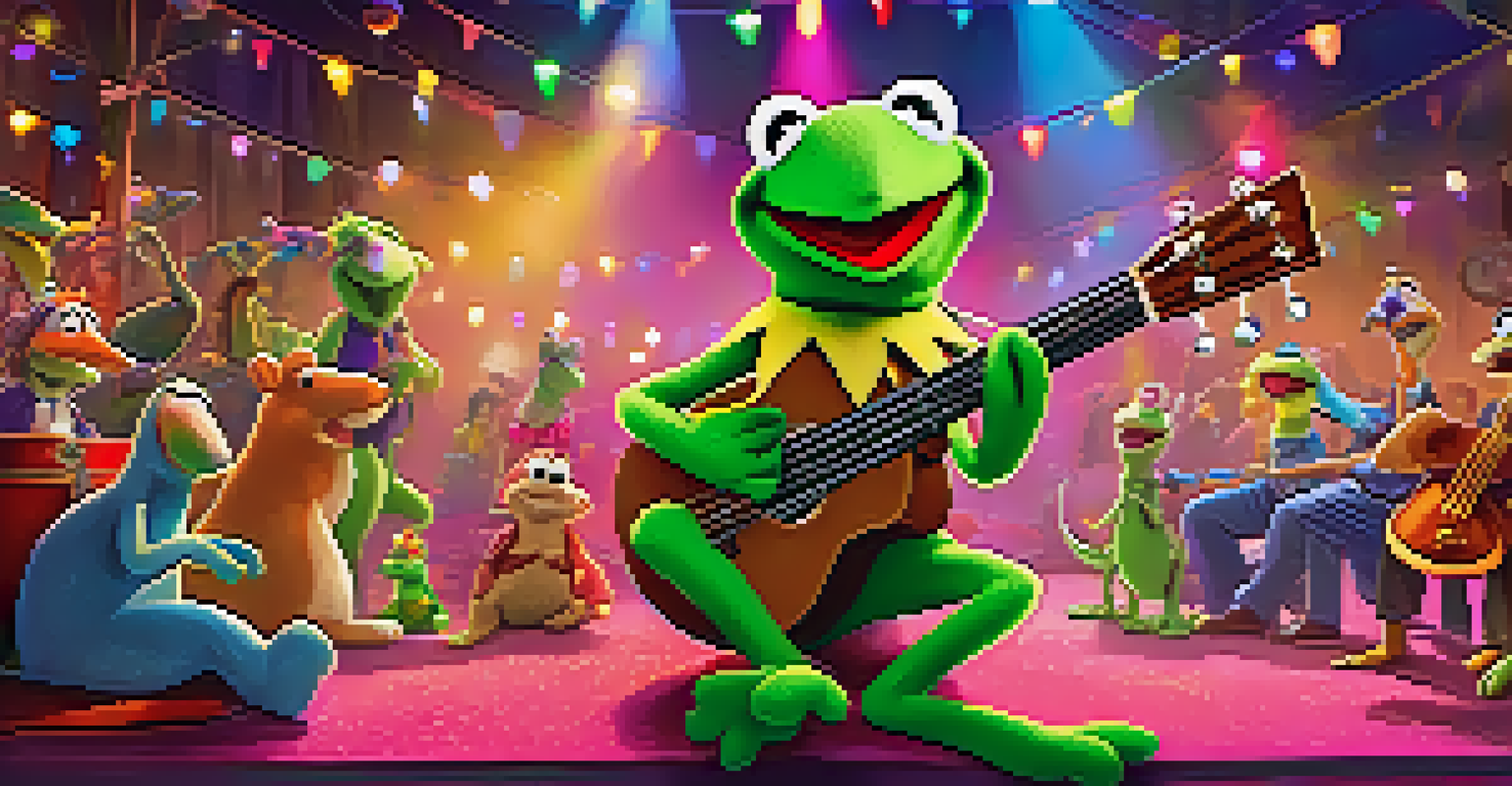 A green frog character playing a ukulele on stage with cartoon animals in the audience.