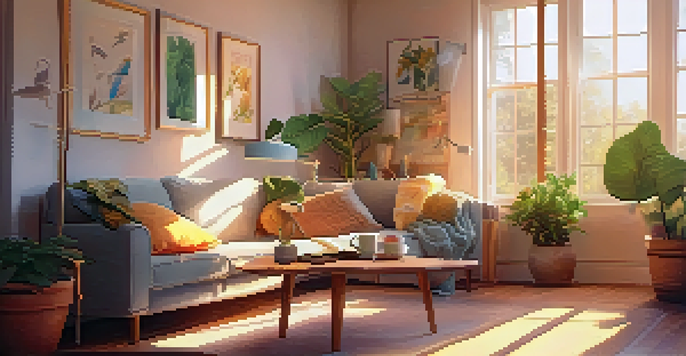 A person learning to play the ukulele using a tablet in a sunny living room, surrounded by plants and music sheets.
