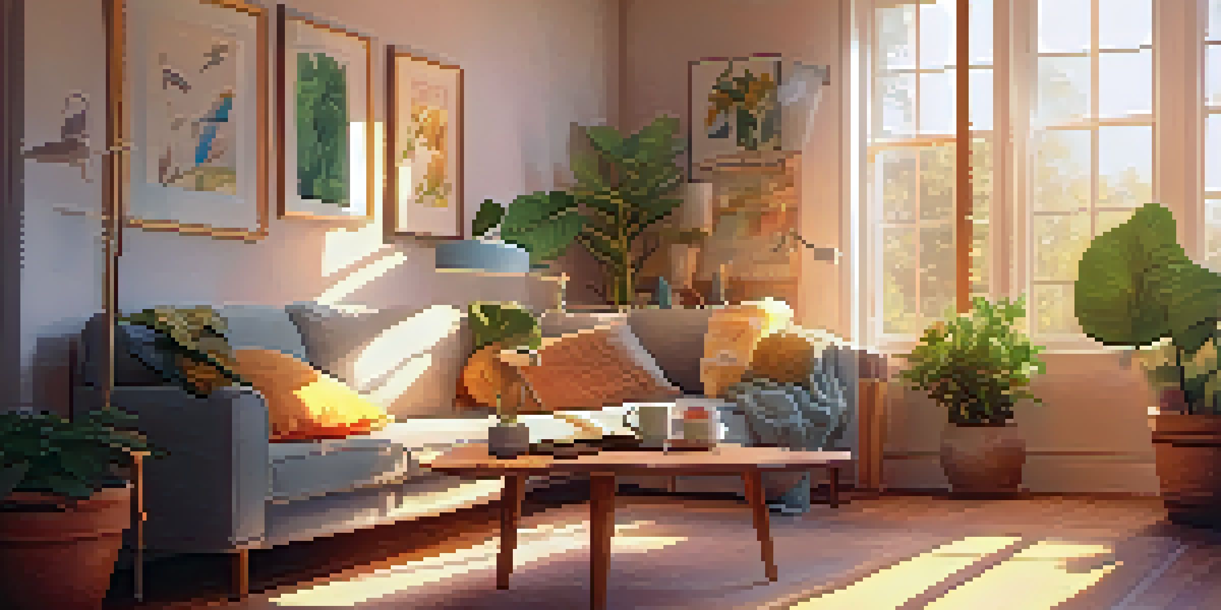 A person learning to play the ukulele using a tablet in a sunny living room, surrounded by plants and music sheets.