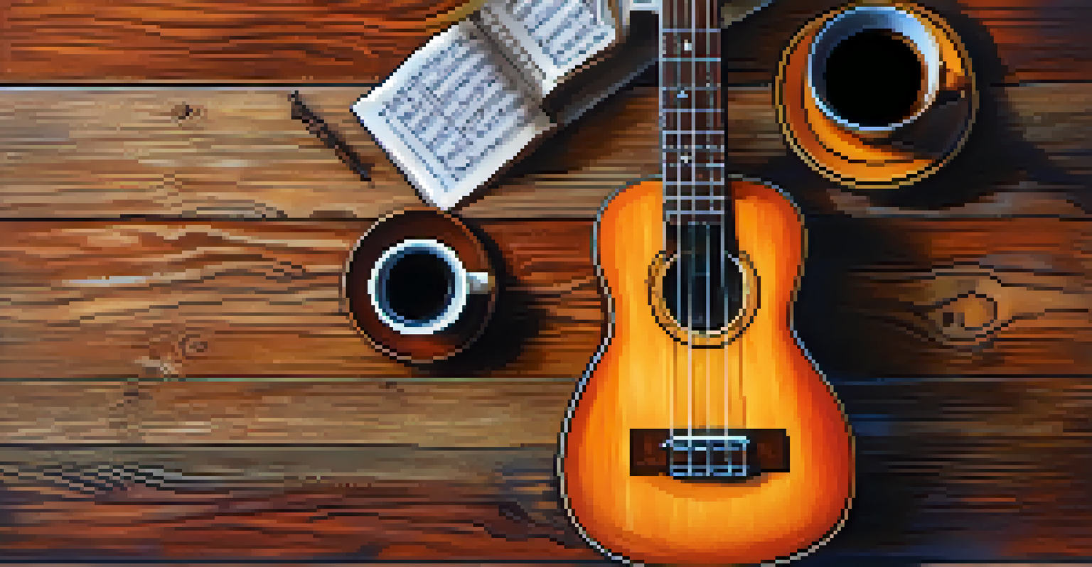 A close-up of hands strumming a ukulele with a capo, surrounded by sheet music and a coffee cup.