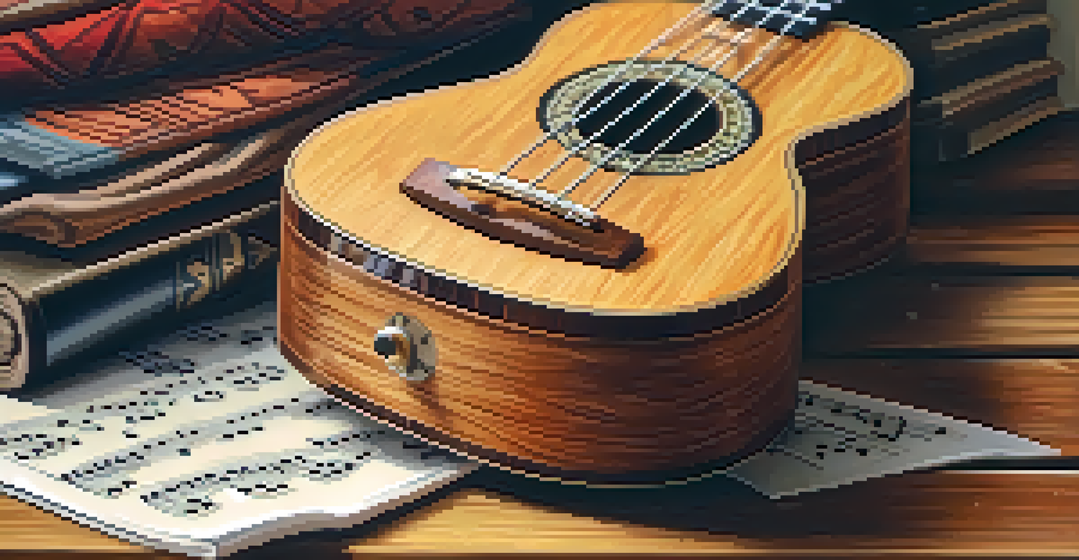 A detailed close-up of a ukulele on a wooden table with soft lighting, showing its intricate wood grain and strings, with sheet music in the background.