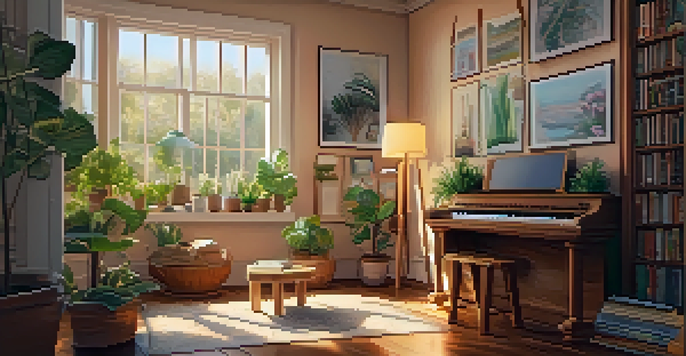 A beginner ukulele on a wooden table with open music books and a laptop showing a video tutorial, illuminated by soft morning light.