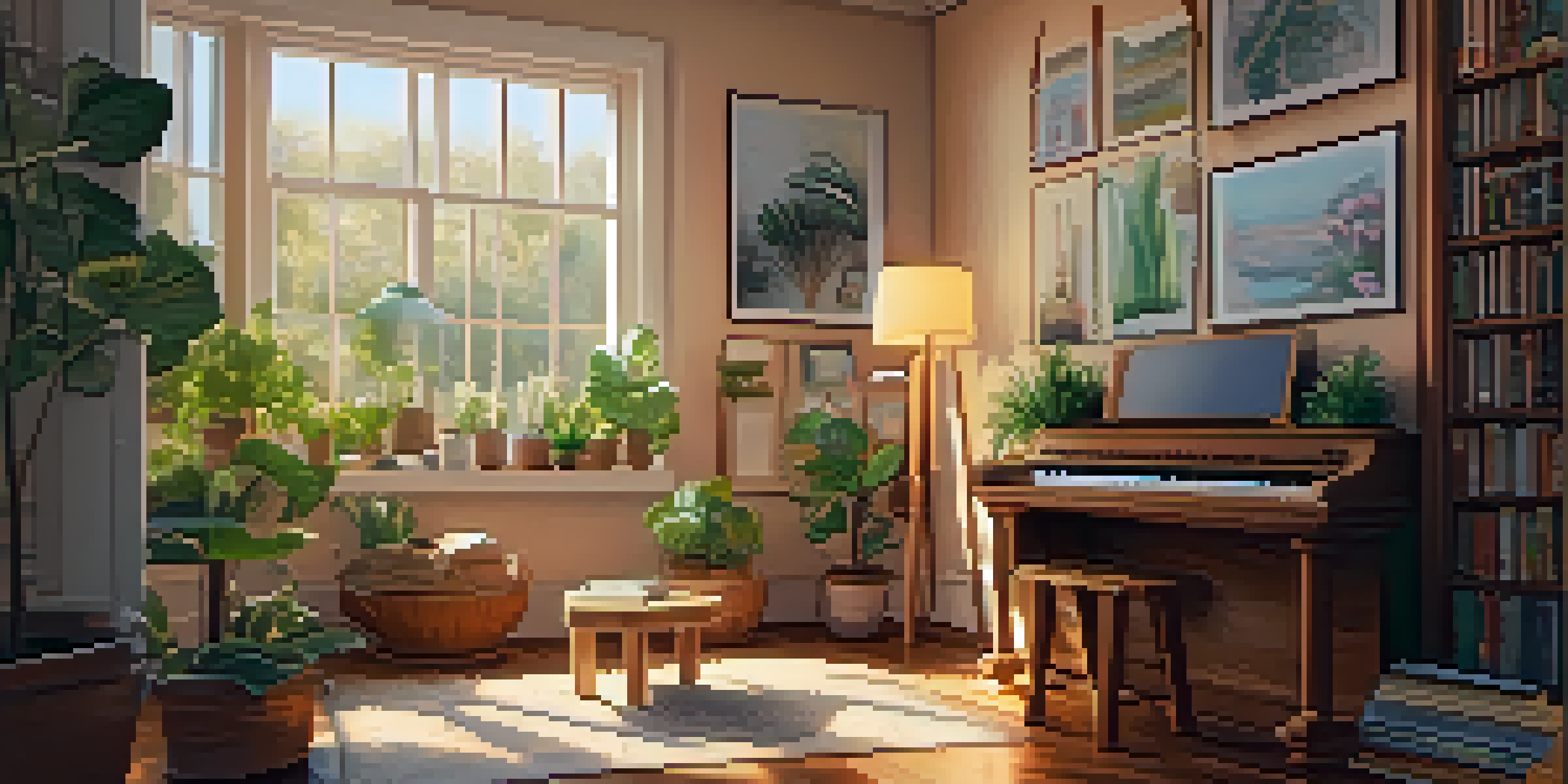 A beginner ukulele on a wooden table with open music books and a laptop showing a video tutorial, illuminated by soft morning light.