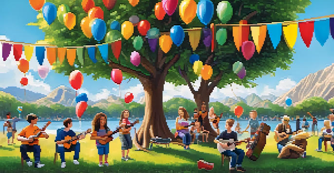 A diverse group of people playing ukuleles together in a sunny park, with colorful decorations and a joyful atmosphere.