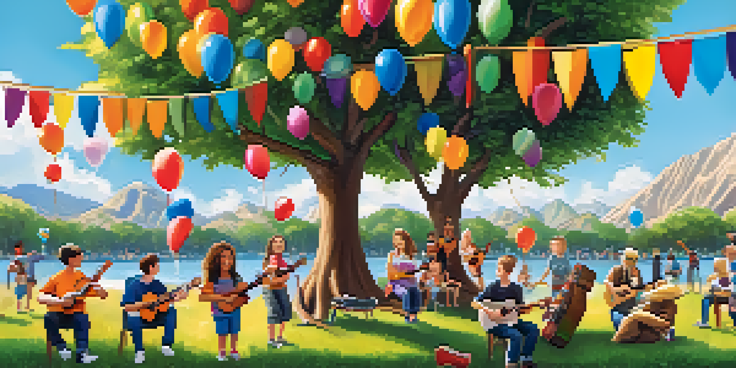 A diverse group of people playing ukuleles together in a sunny park, with colorful decorations and a joyful atmosphere.