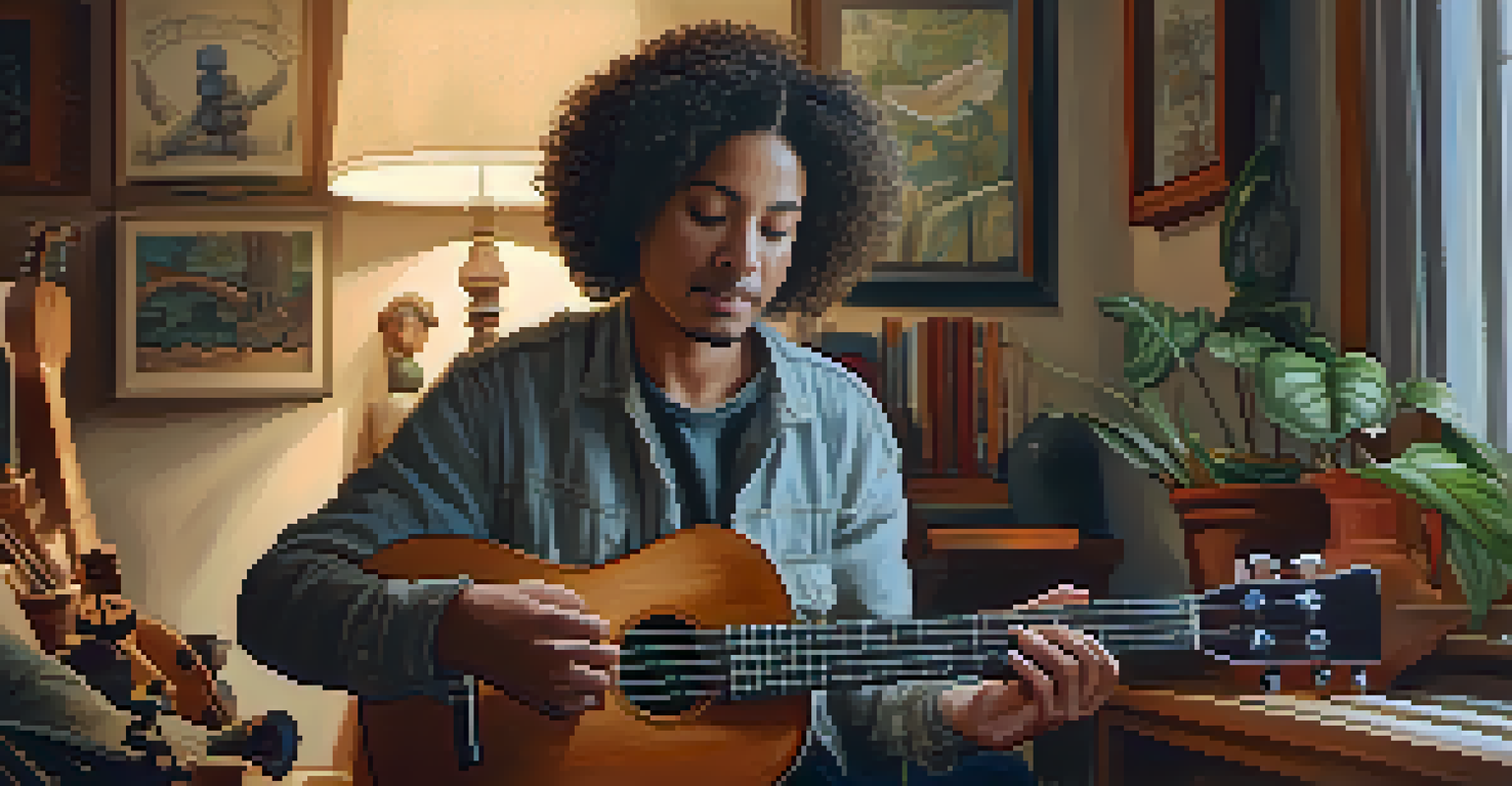 An artist tuning a ukulele in a cozy room with musical instruments around.