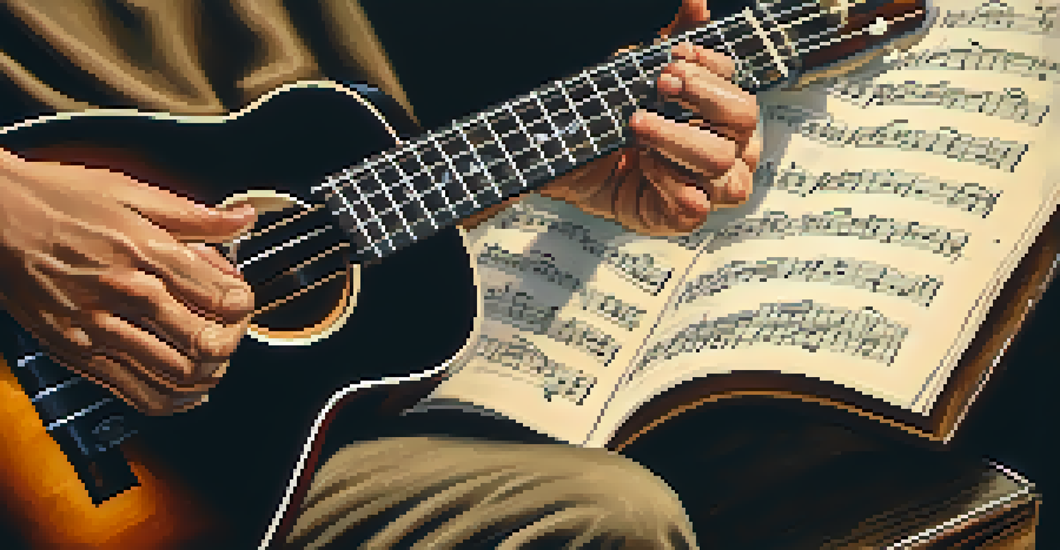 An artist's hands performing finger vibrato on a ukulele, surrounded by a softly lit music studio with sheet music and a vintage microphone.