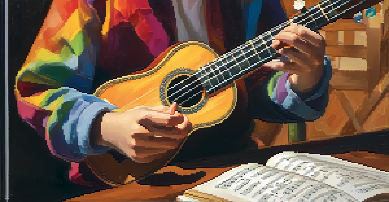 A young student playing the ukulele, with colorful sheet music and a notebook in the background.