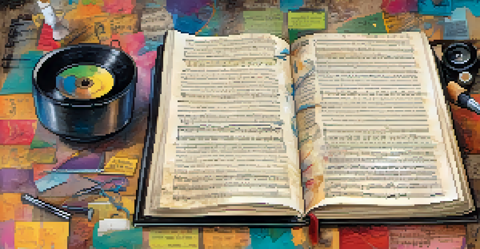 A vibrant and artistic journal page showcasing colorful lyrics, musical notes, and sketches on a textured aged paper background.