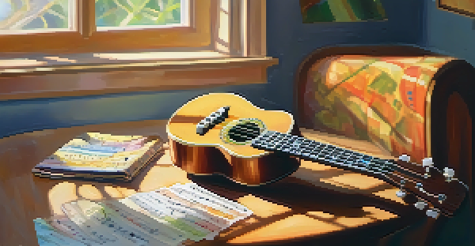 A close-up view of a ukulele on a wooden table with music notes and a metronome, illuminated by warm sunlight.