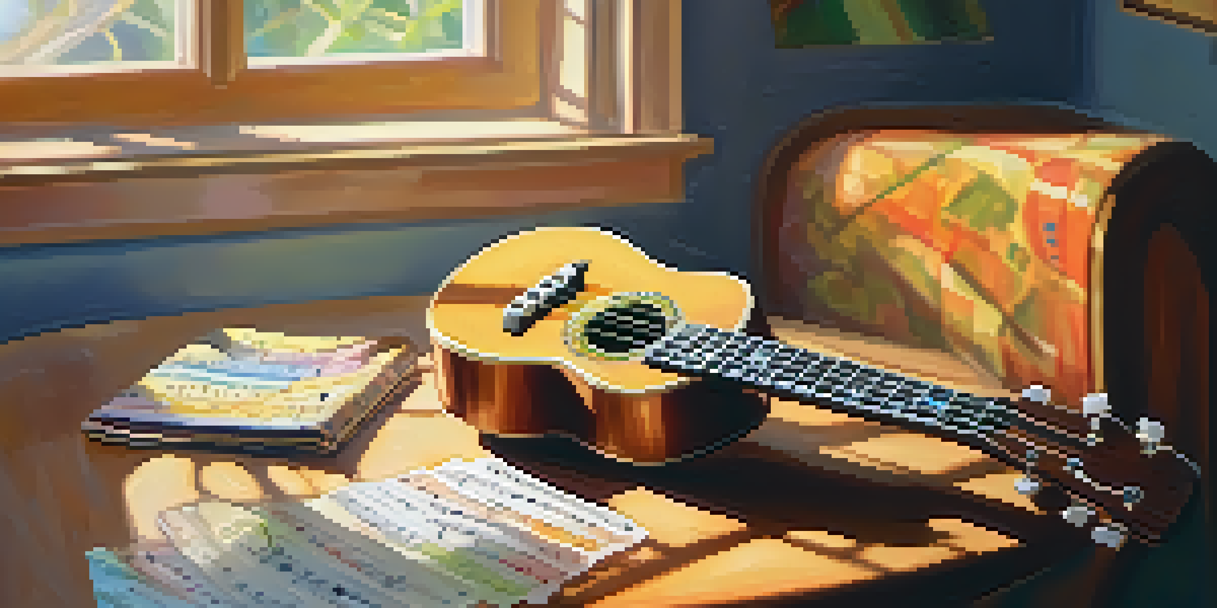 A close-up view of a ukulele on a wooden table with music notes and a metronome, illuminated by warm sunlight.