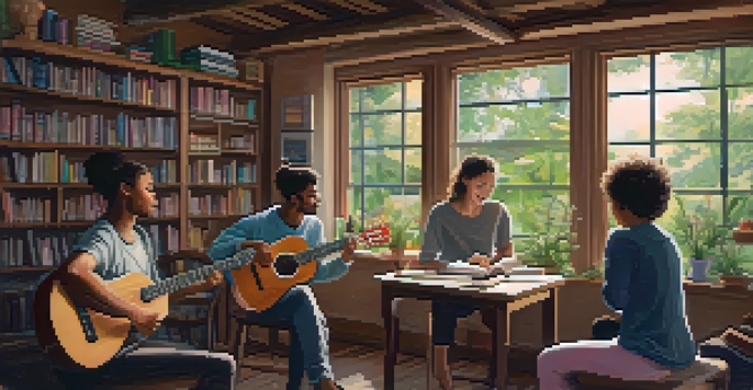 A warm and inviting home studio where a ukulele instructor teaches a group of students, surrounded by musical books and a garden view.