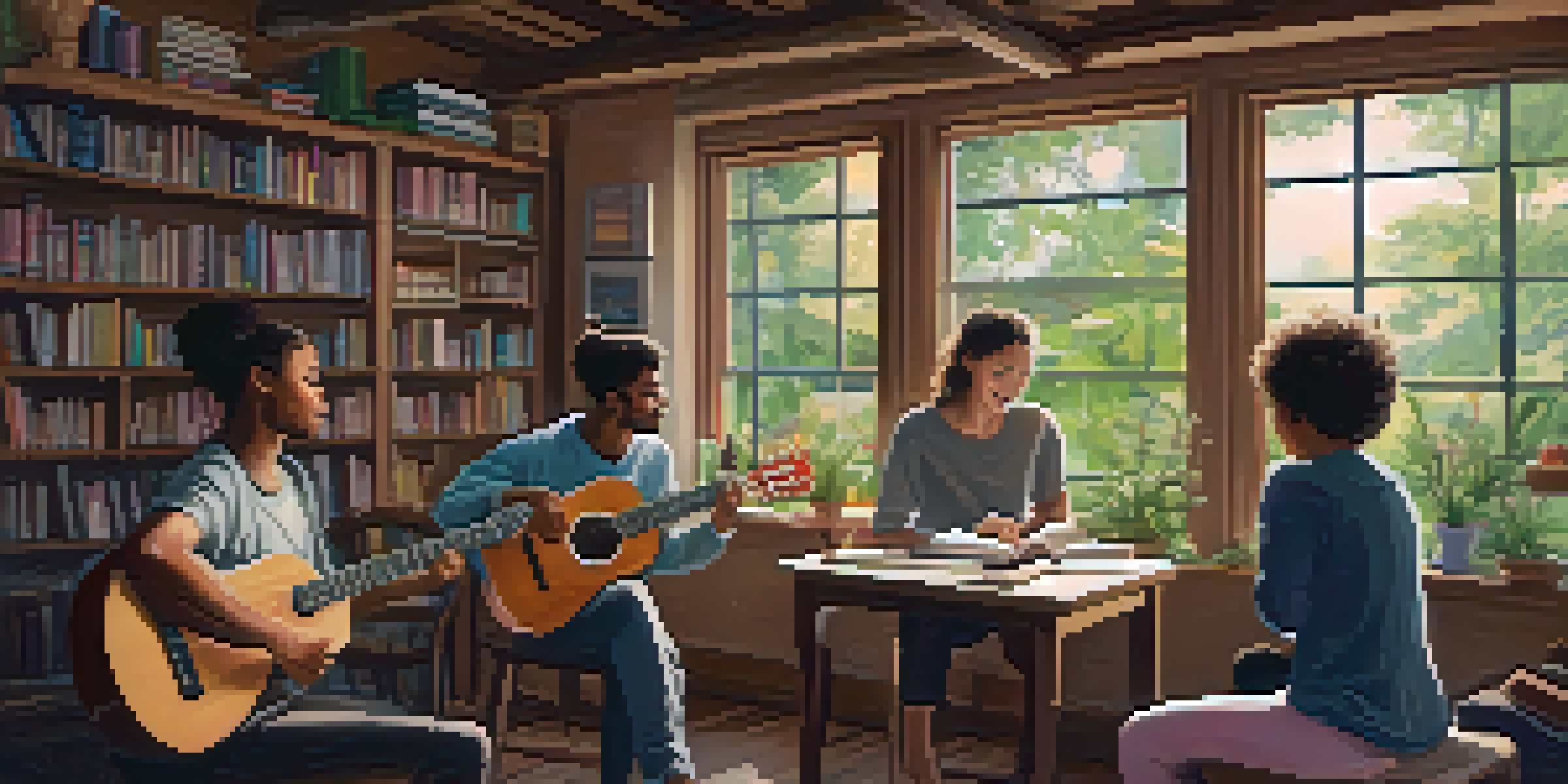 A warm and inviting home studio where a ukulele instructor teaches a group of students, surrounded by musical books and a garden view.