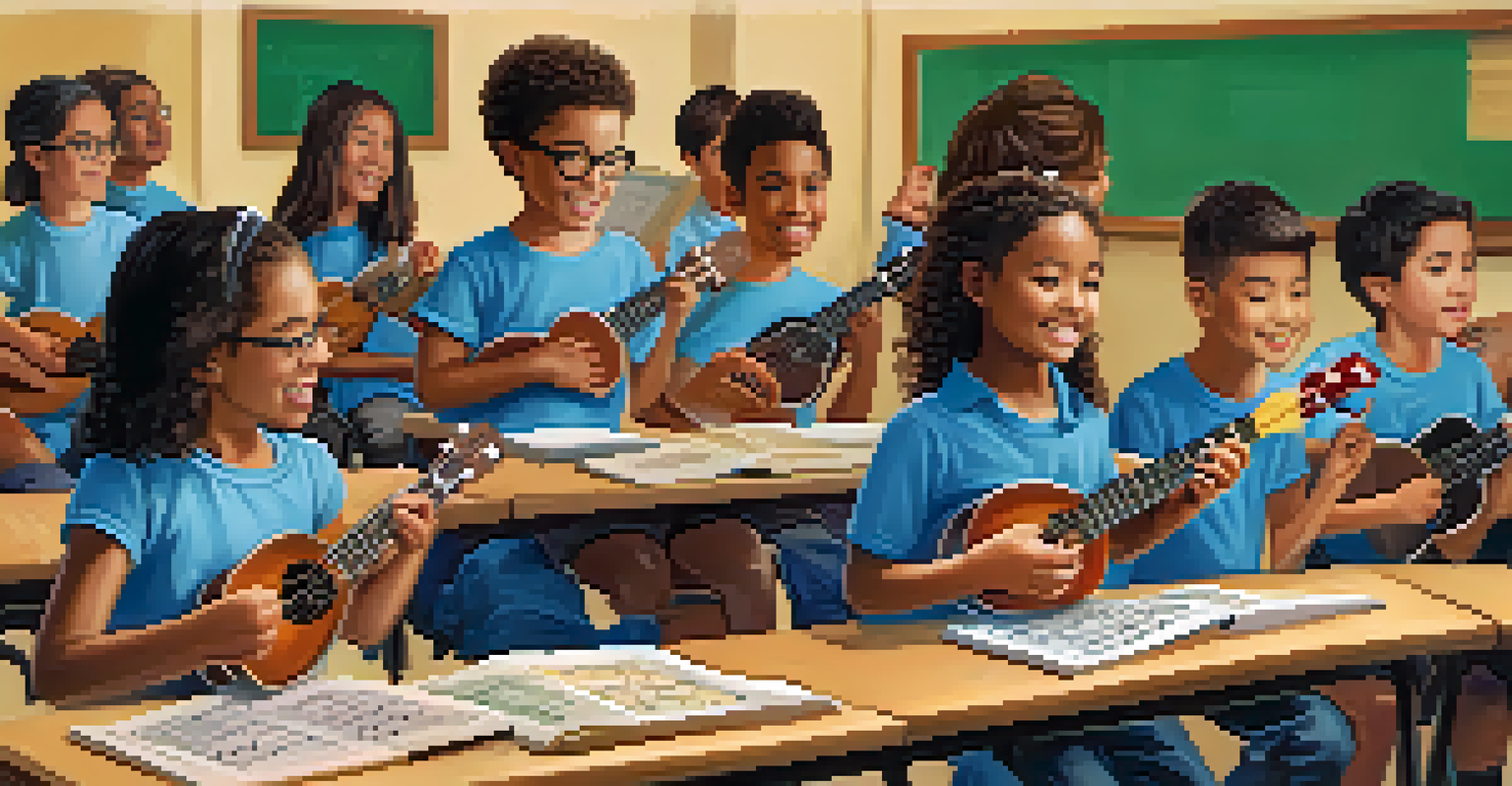 A teacher guiding students in a classroom, as they learn to play the ukulele.
