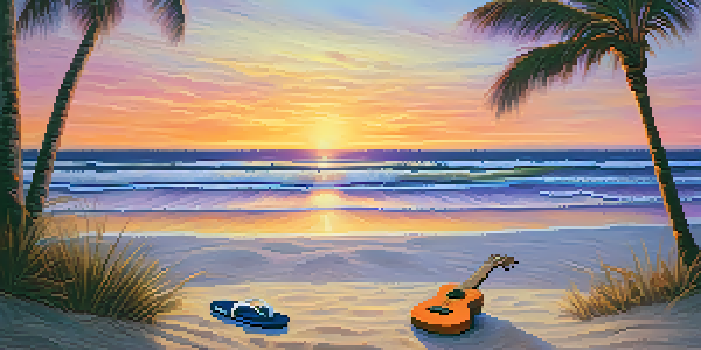 A peaceful beach at sunset with a ukulele on the sand, colorful sky, and palm trees.