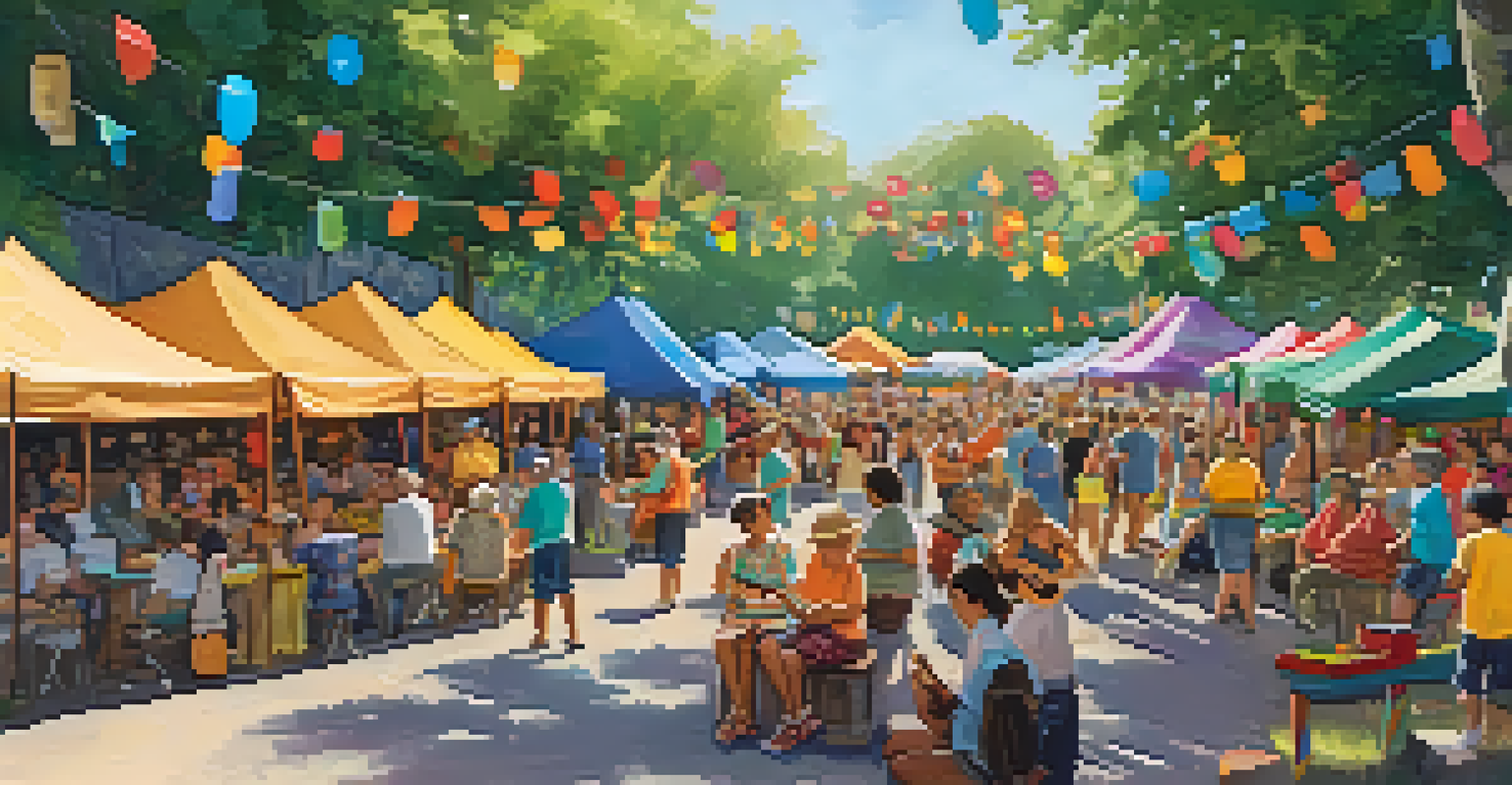 A vibrant ukulele festival in a park, featuring various booths, performances, and people enjoying music and food.