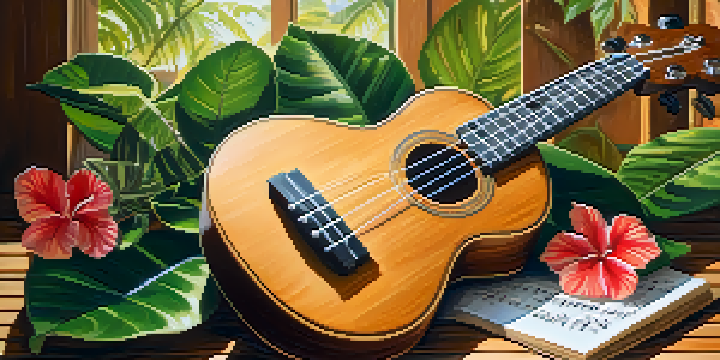 A ukulele on a wooden table surrounded by tropical flowers and leaves, with soft sunlight creating shadows.