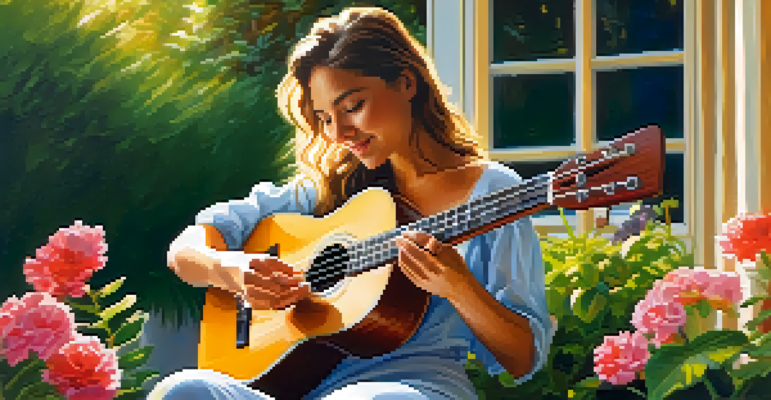 A person playing an acoustic ukulele on a porch surrounded by a lush garden.