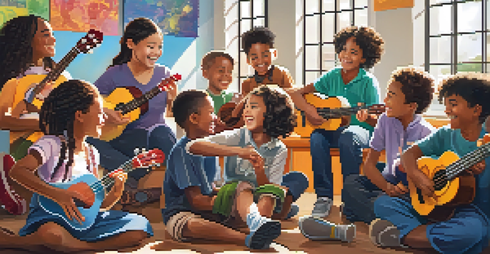 A vibrant classroom with students playing ukuleles in a circle, surrounded by colorful music-themed decorations.