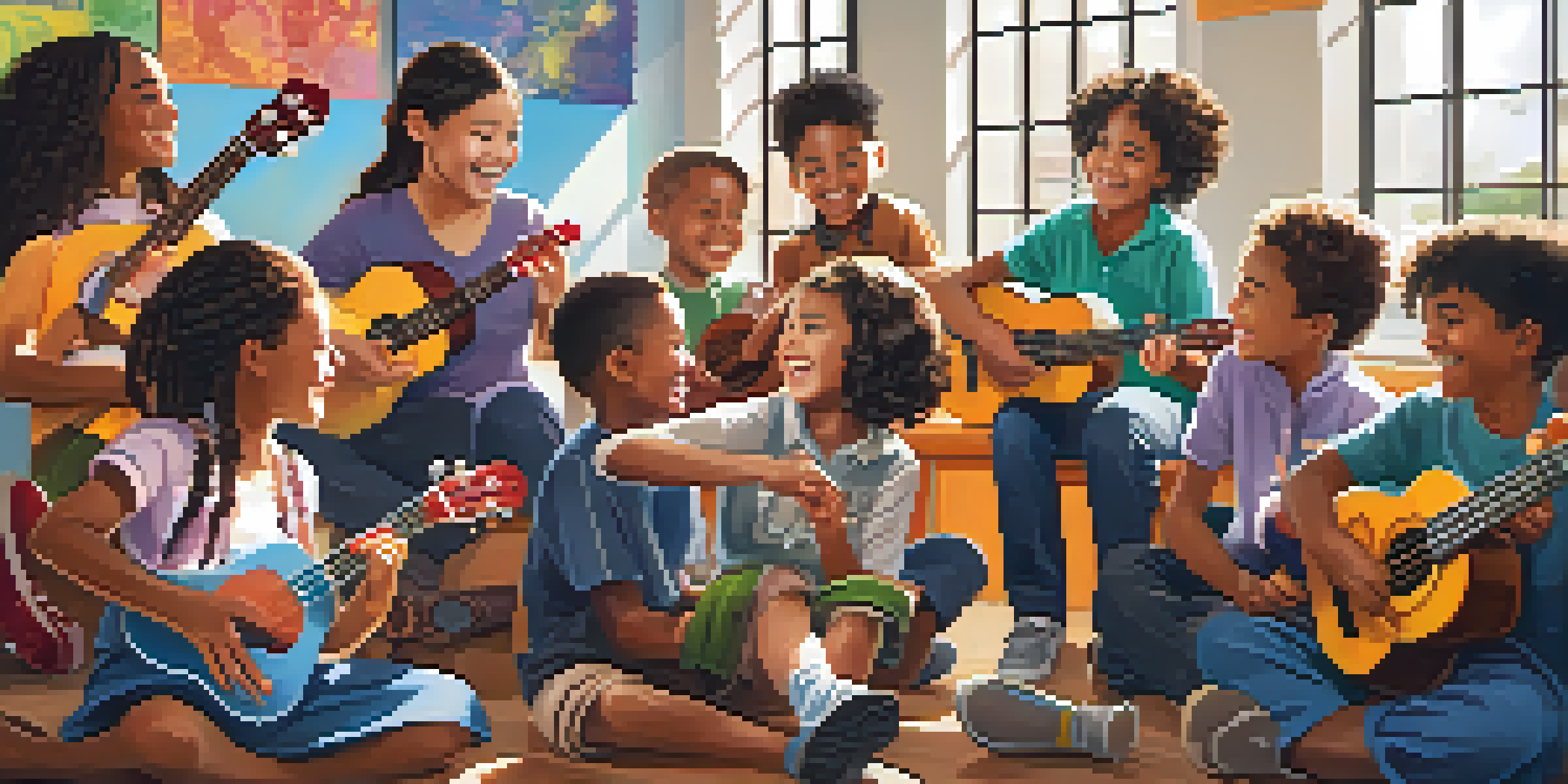 A vibrant classroom with students playing ukuleles in a circle, surrounded by colorful music-themed decorations.