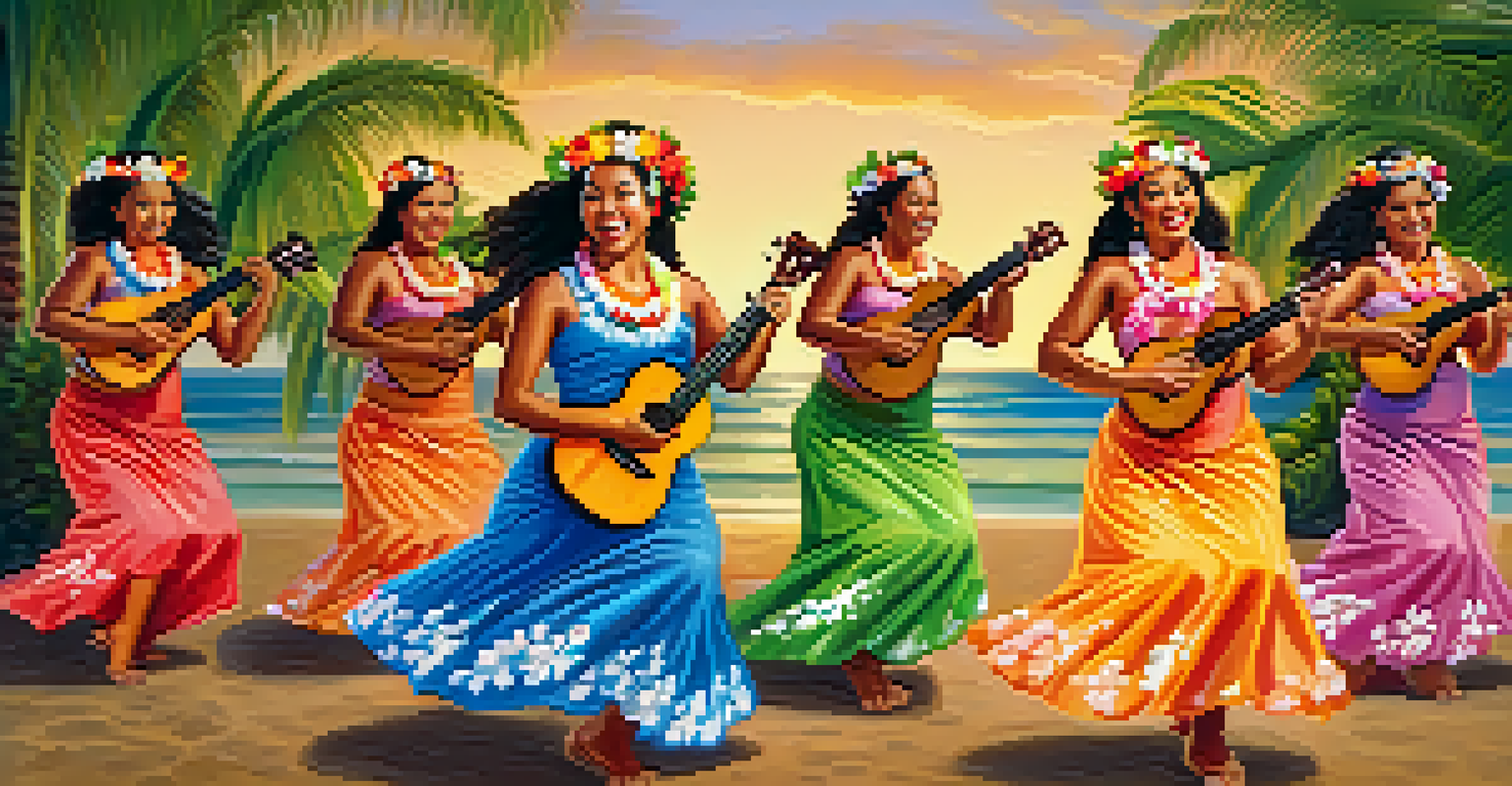 A group of hula dancers performing at sunset, with a ukulele player in the background.