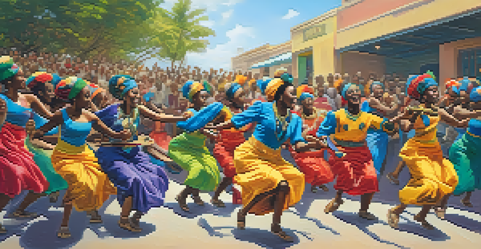 An African dance troupe performing with a ukulele, capturing vibrant movements and expressions, with an energetic audience in the background.