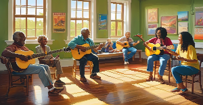 A diverse group of musicians gathered in a community center, playing ukuleles and enjoying each other's company, with sunlight illuminating the room.