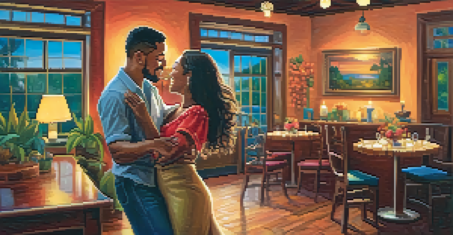 A couple dancing bachata in a cozy setting with a ukulele on the table, illuminated by soft warm lighting.