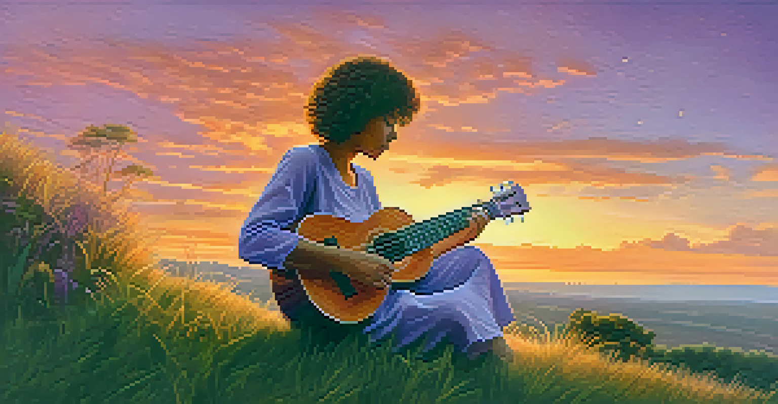 A person sitting on a grassy hill playing a ukulele during sunset, surrounded by beautiful colors in the sky, promoting a sense of relaxation and peace.