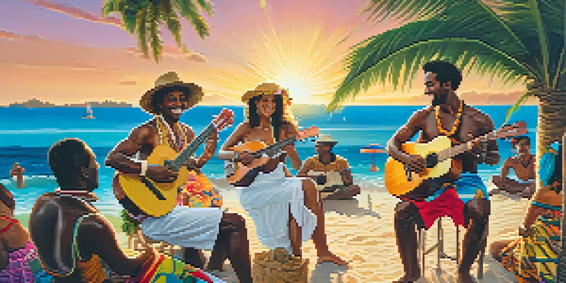 A group of musicians joyfully playing ukuleles on a Caribbean beach at sunset, surrounded by a dancing crowd.