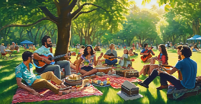 A group of diverse musicians playing ukuleles in a sunny park, with colorful blankets and trees around them.
