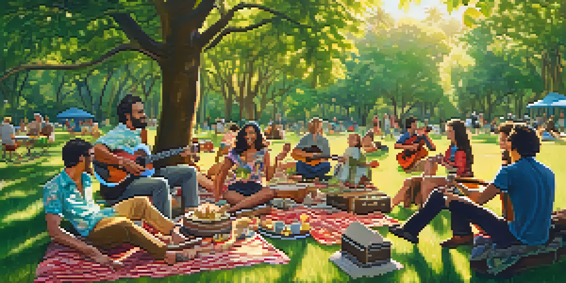 A group of diverse musicians playing ukuleles in a sunny park, with colorful blankets and trees around them.