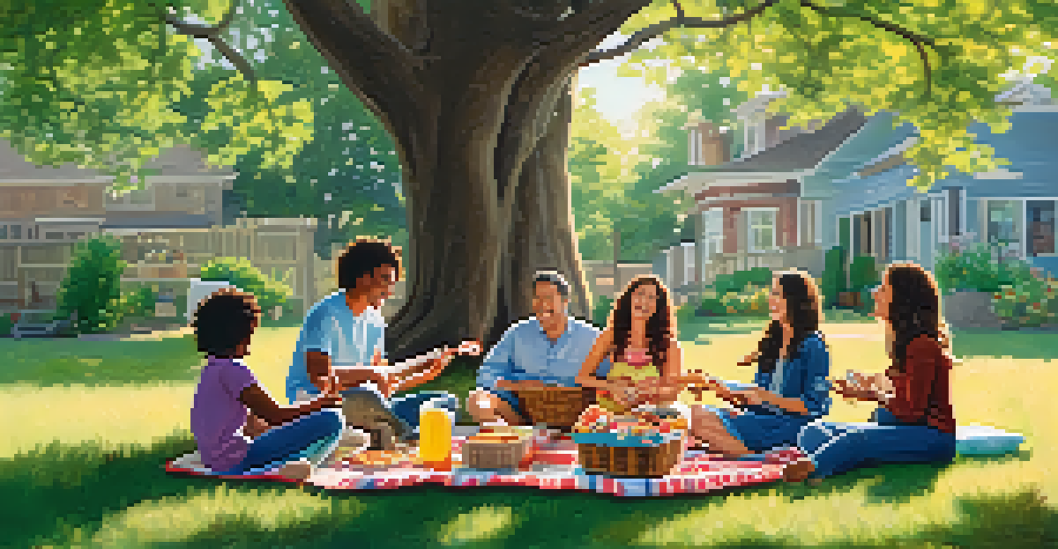 A family enjoying a jam session in a sunny backyard, playing ukuleles and relaxing on blankets.