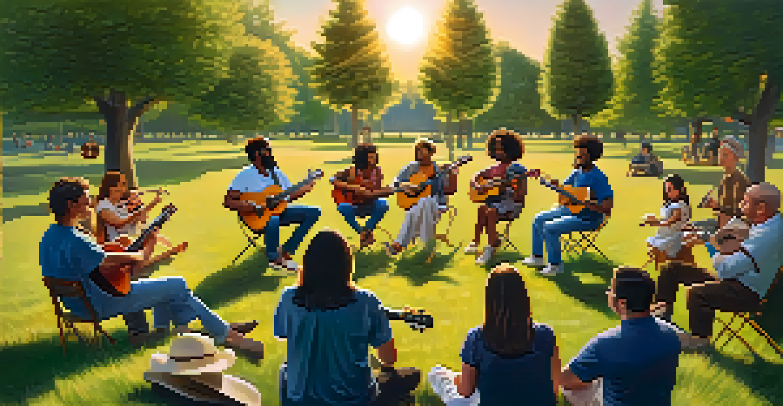 A group of musicians playing ukuleles in a park during sunset.
