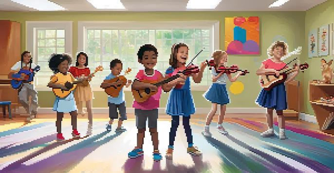 A lively classroom scene where children are playing ukuleles and dancing, surrounded by colorful decorations and musical props, with sunlight streaming in.